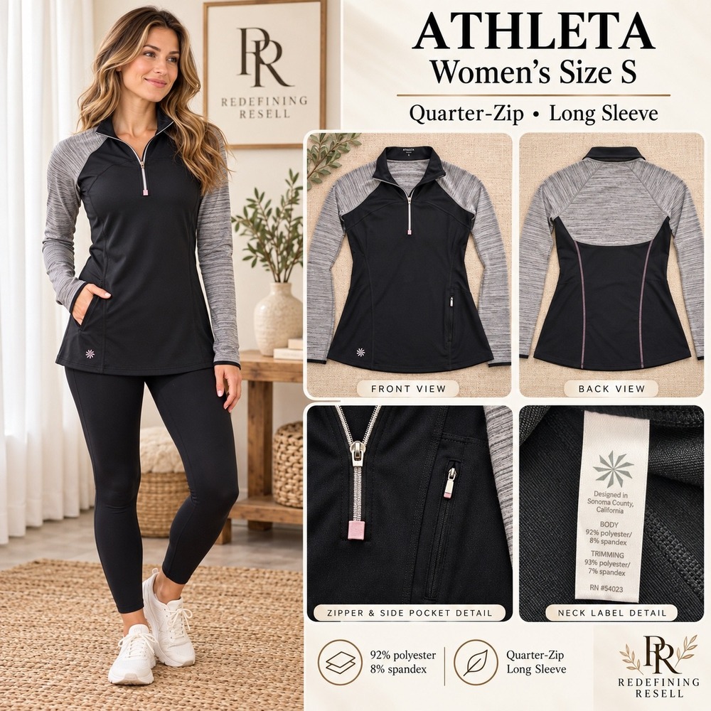 Athleta Womens Small Black Grey Quarter Zip Long Sleeve Activewear Pullover Top
